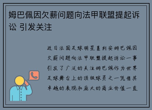 姆巴佩因欠薪问题向法甲联盟提起诉讼 引发关注